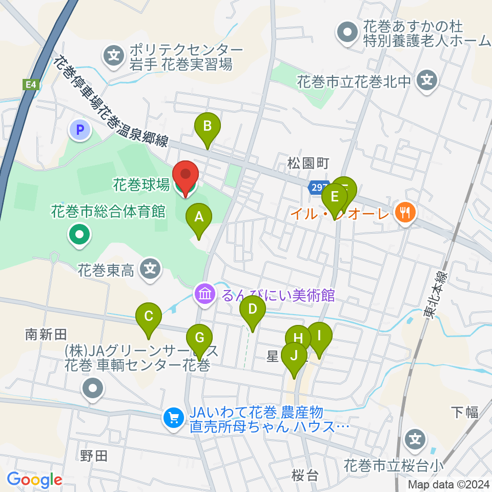 花巻球場周辺のファミレス・ファーストフード一覧地図