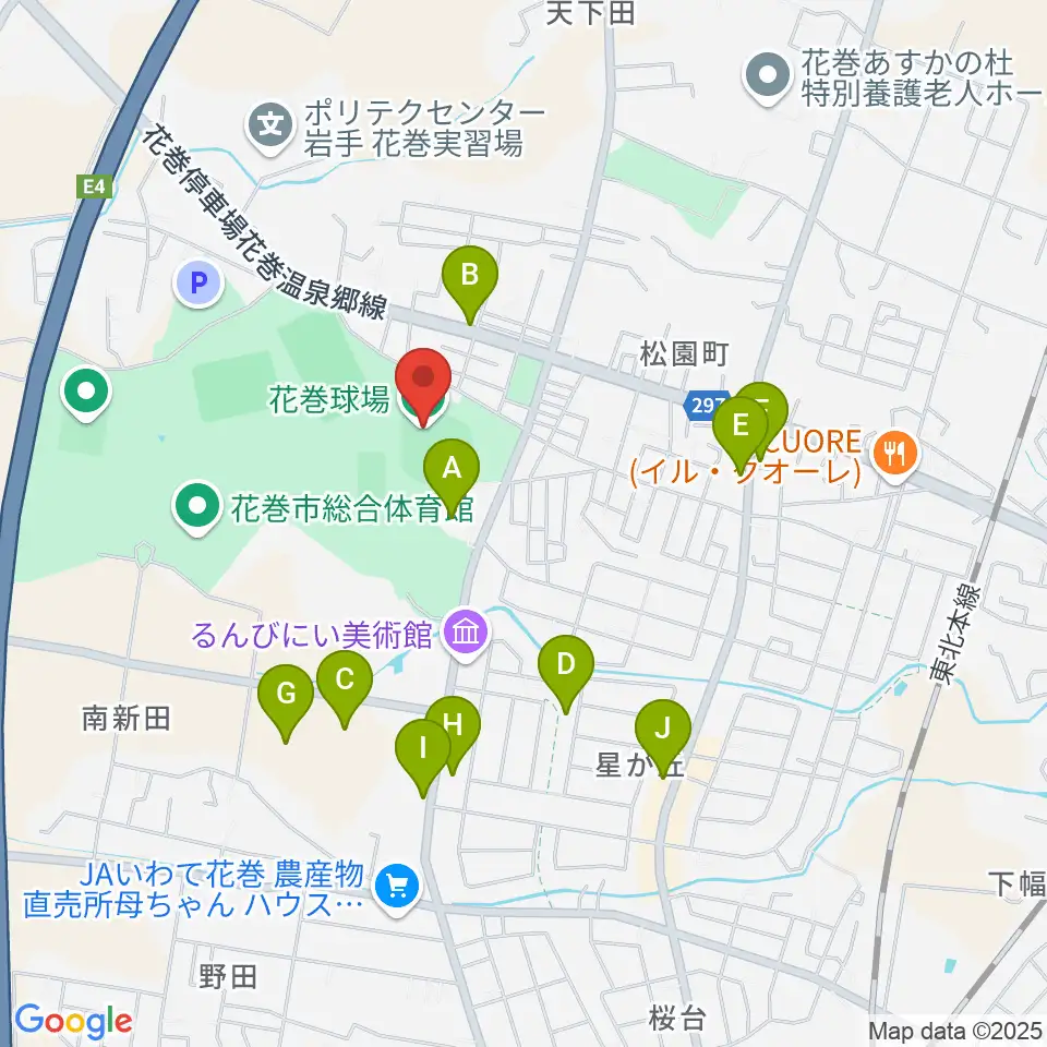 花巻球場周辺のファミレス・ファーストフード一覧地図