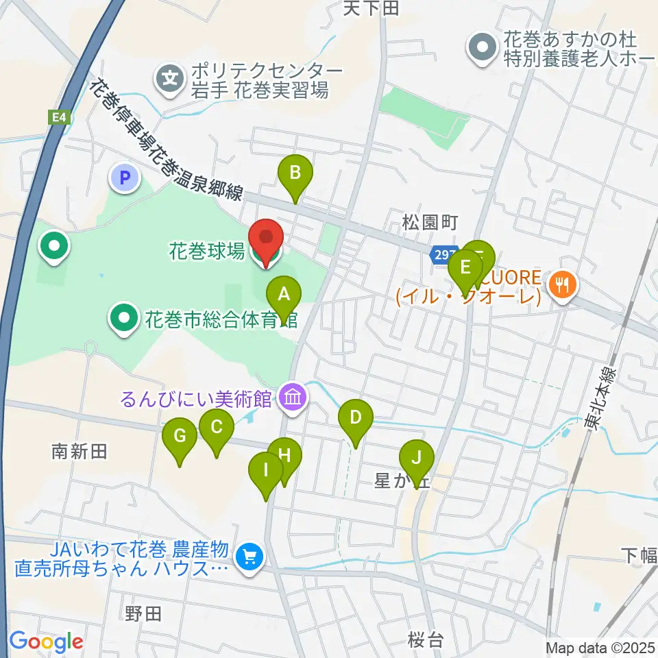 花巻球場周辺のファミレス・ファーストフード一覧地図