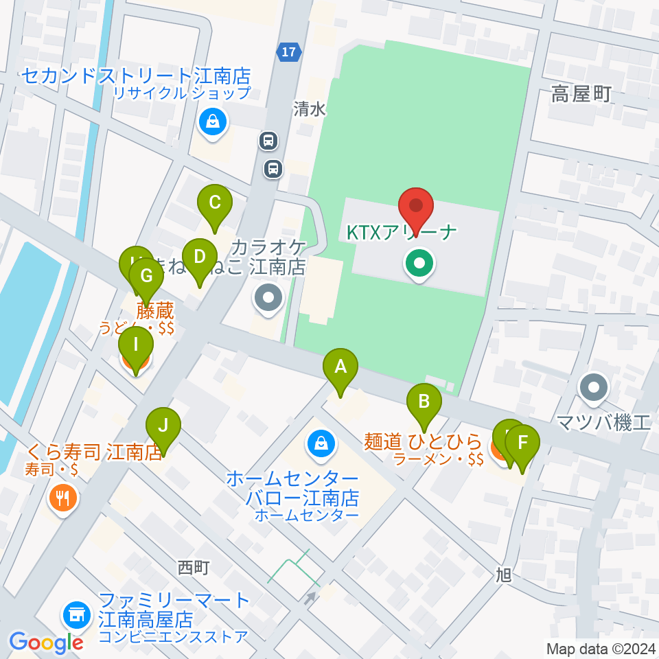 KTXアリーナ周辺のファミレス・ファーストフード一覧地図
