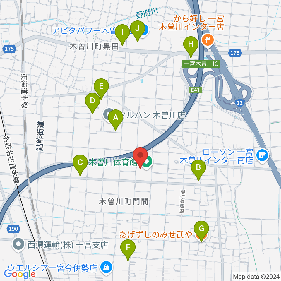 木曽川体育館周辺のファミレス・ファーストフード一覧地図