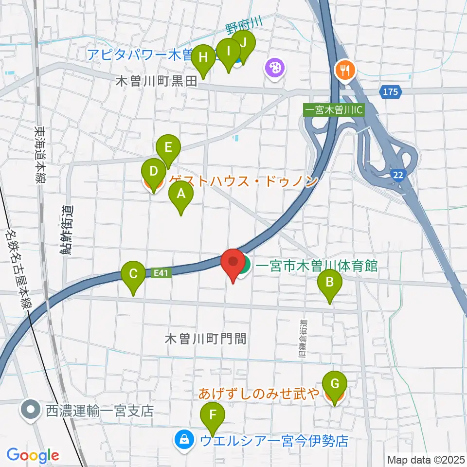 木曽川体育館周辺のファミレス・ファーストフード一覧地図