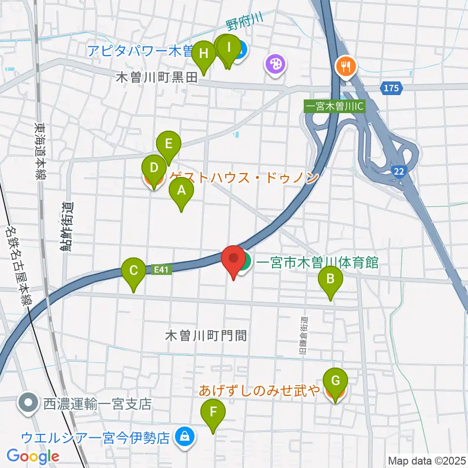 木曽川体育館周辺のファミレス・ファーストフード一覧地図