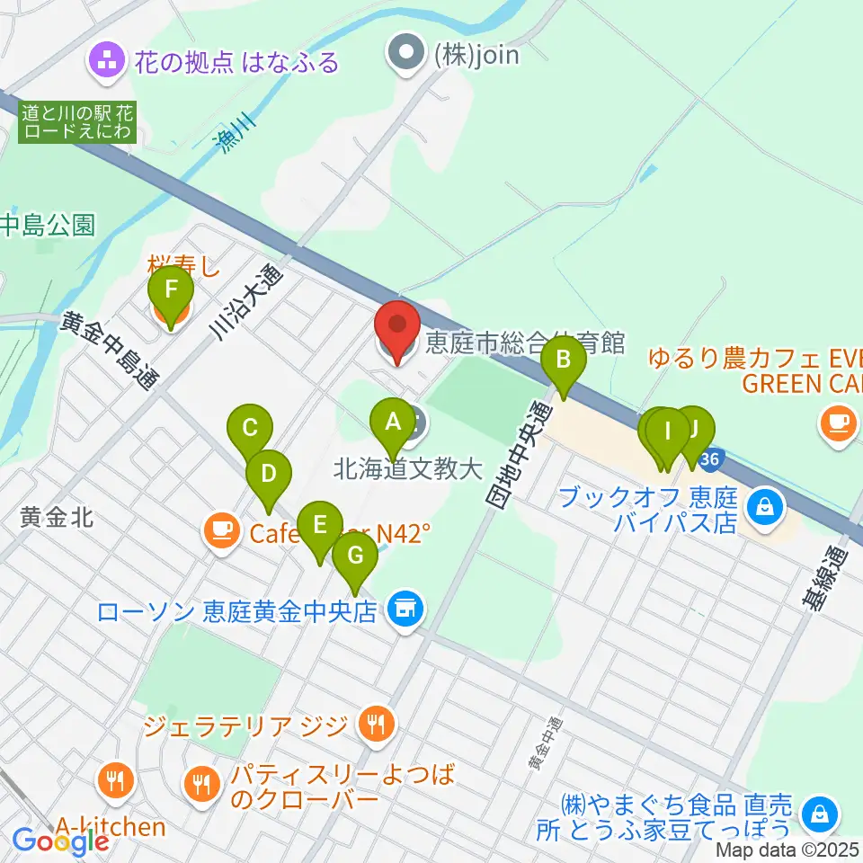 恵庭市総合体育館周辺のファミレス・ファーストフード一覧地図