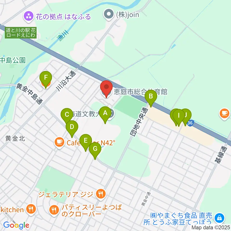 恵庭市総合体育館周辺のファミレス・ファーストフード一覧地図