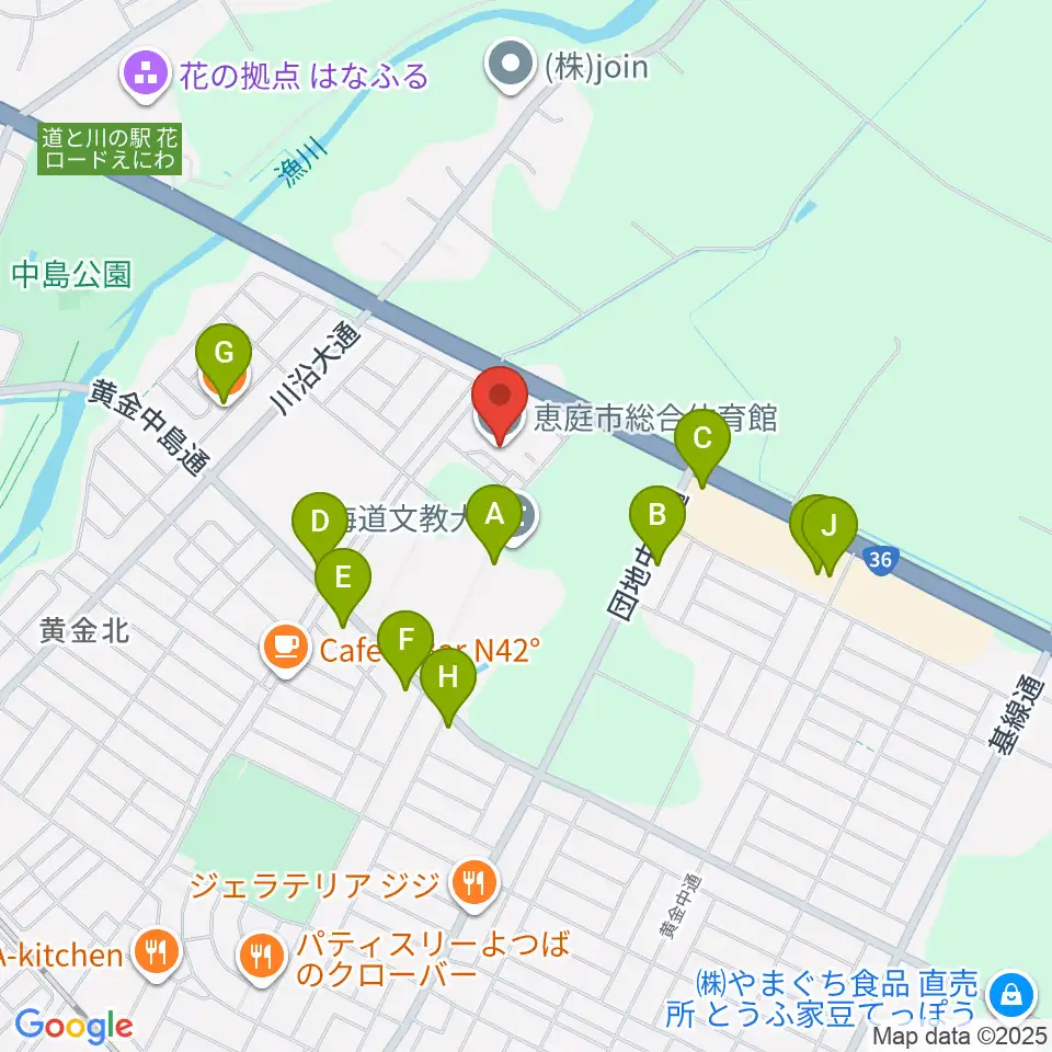 恵庭市総合体育館周辺のファミレス・ファーストフード一覧地図