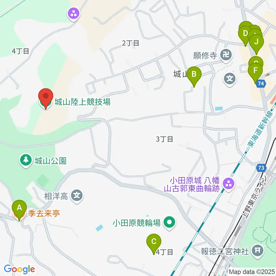 城山陸上競技場周辺のファミレス・ファーストフード一覧地図