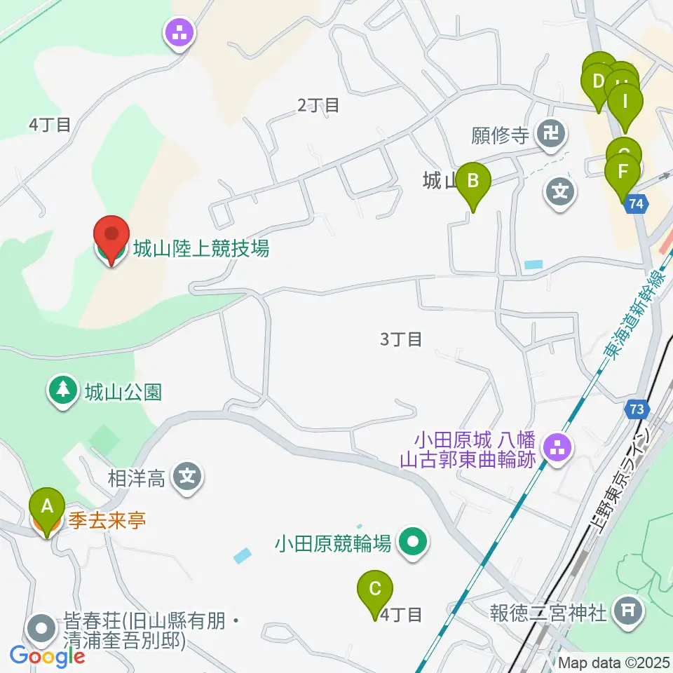 城山陸上競技場周辺のファミレス・ファーストフード一覧地図