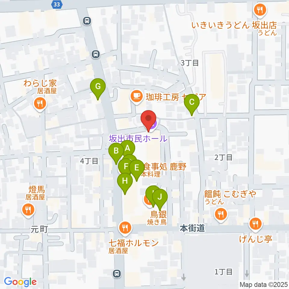 坂出市民ホール周辺のファミレス・ファーストフード一覧地図