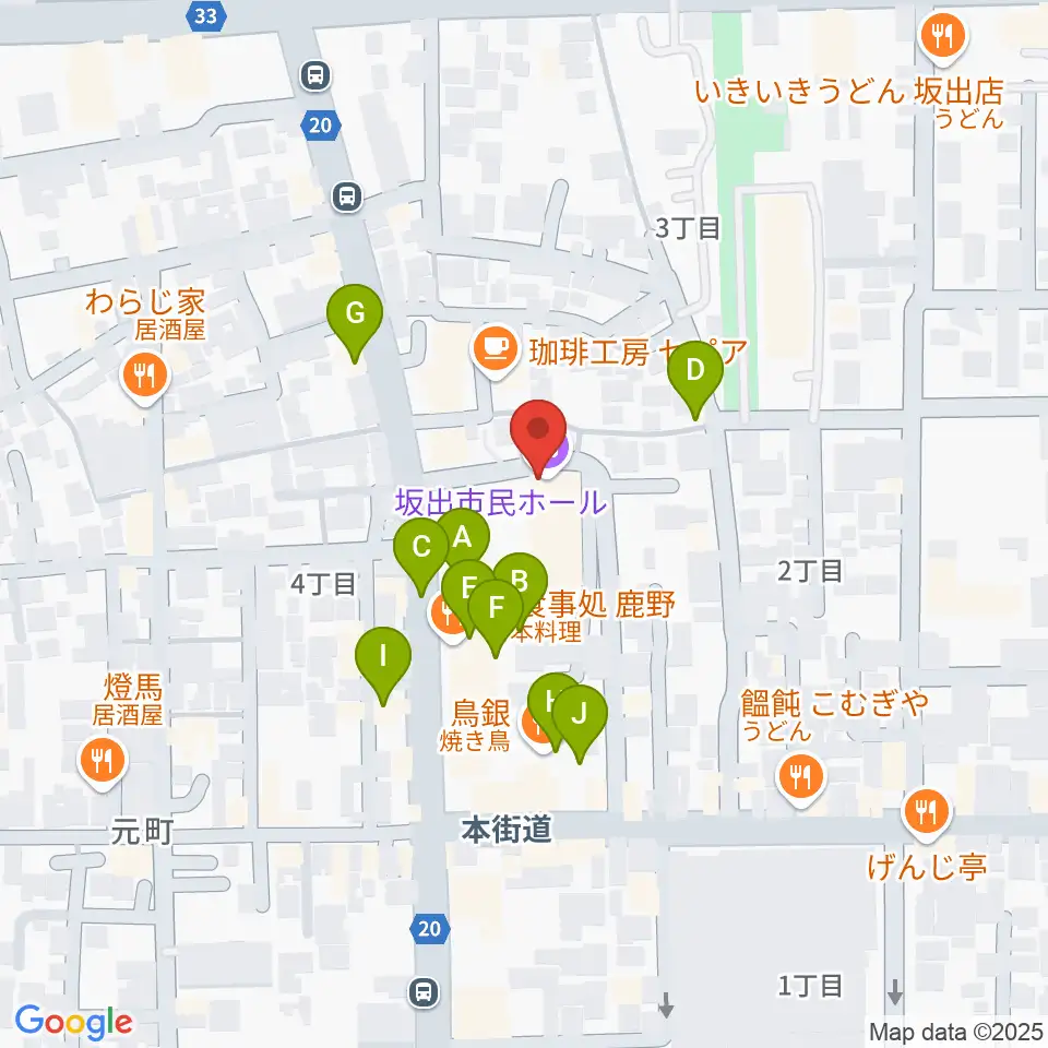 坂出市民ホール周辺のファミレス・ファーストフード一覧地図