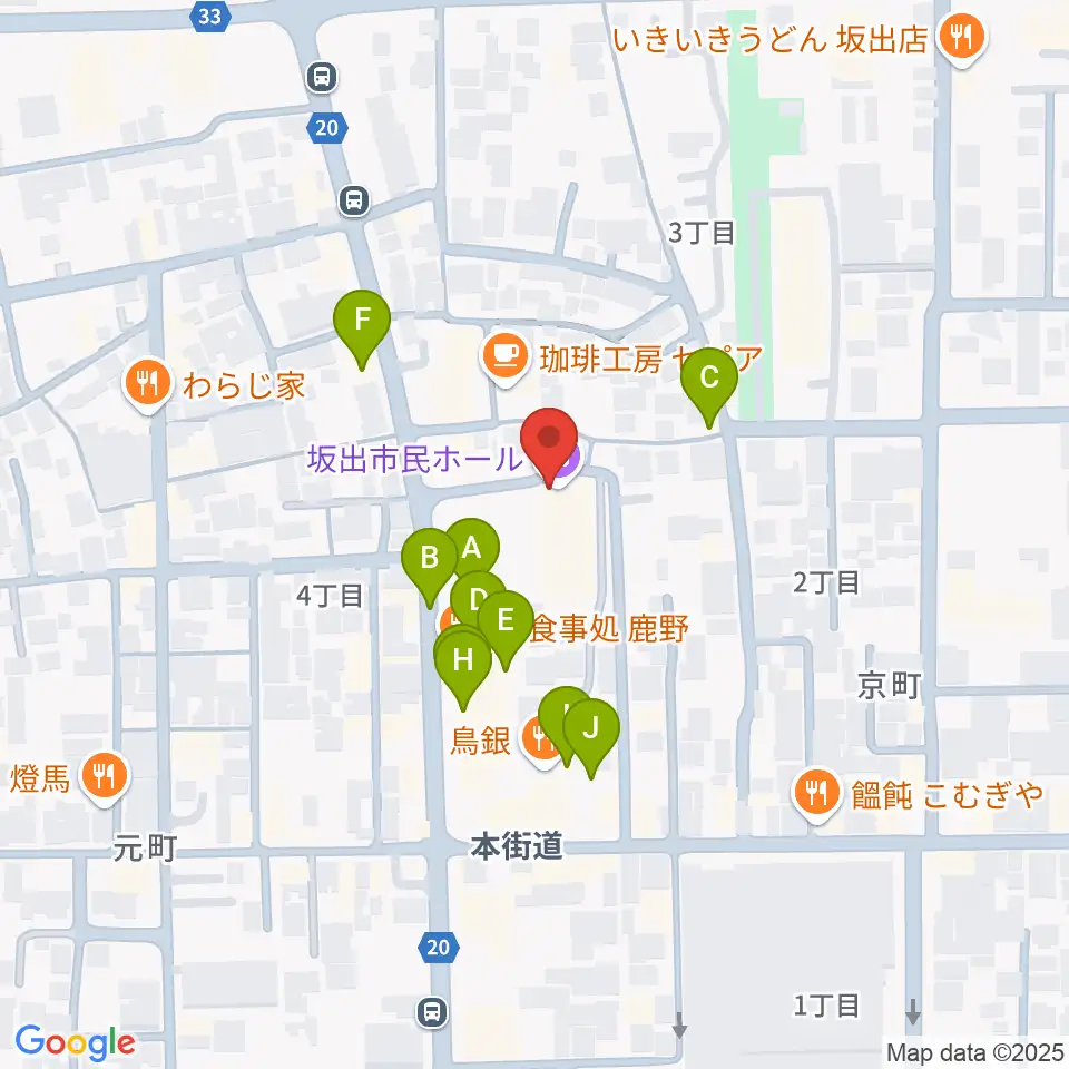 坂出市民ホール周辺のファミレス・ファーストフード一覧地図