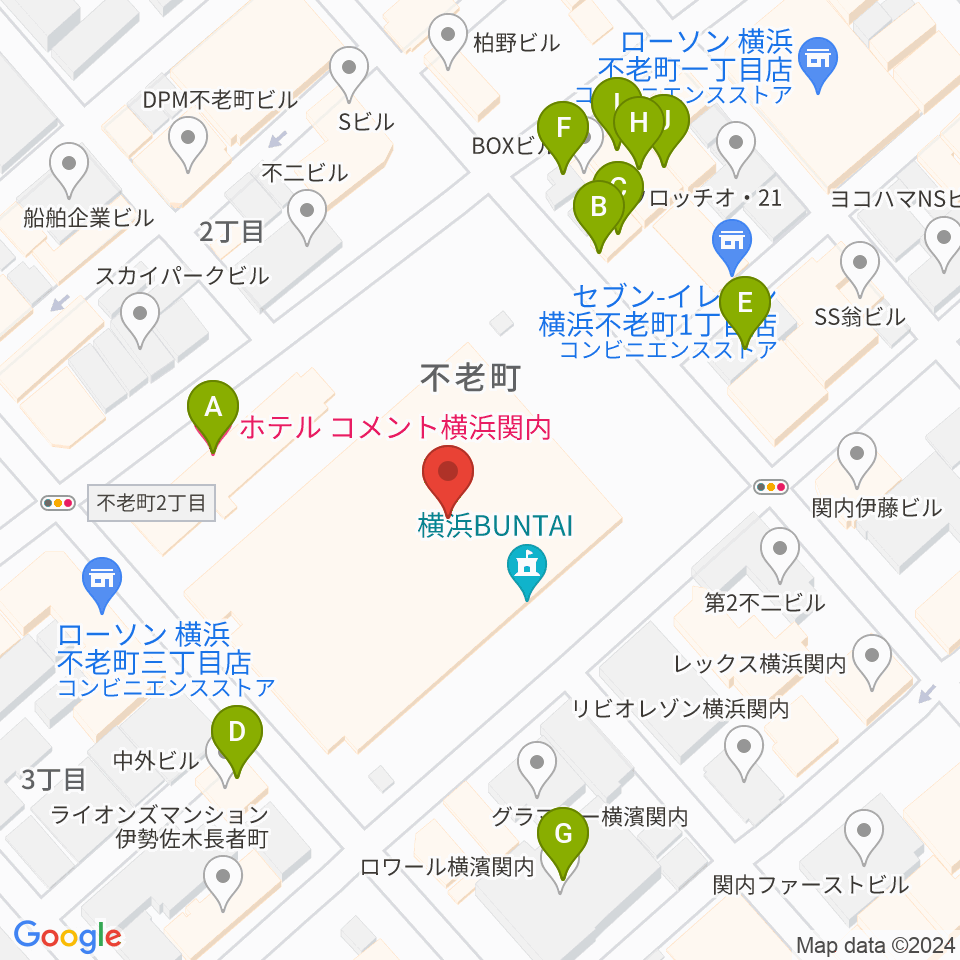 横浜BUNTAI周辺のファミレス・ファーストフード一覧地図