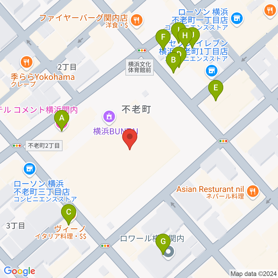 横浜BUNTAI周辺のファミレス・ファーストフード一覧地図