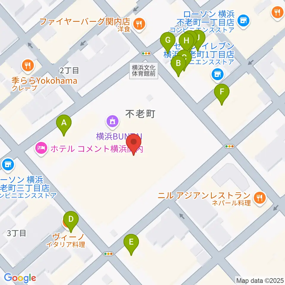 横浜BUNTAI周辺のファミレス・ファーストフード一覧地図