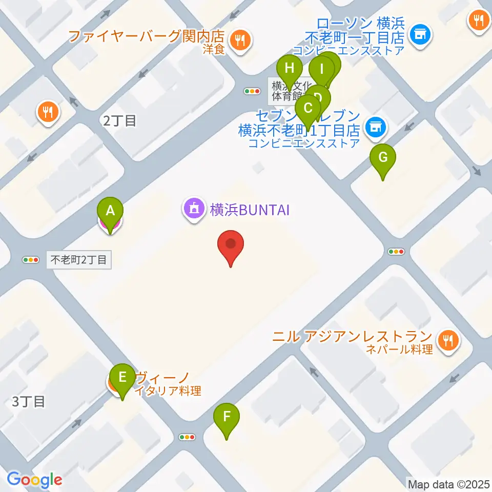 横浜BUNTAI周辺のファミレス・ファーストフード一覧地図