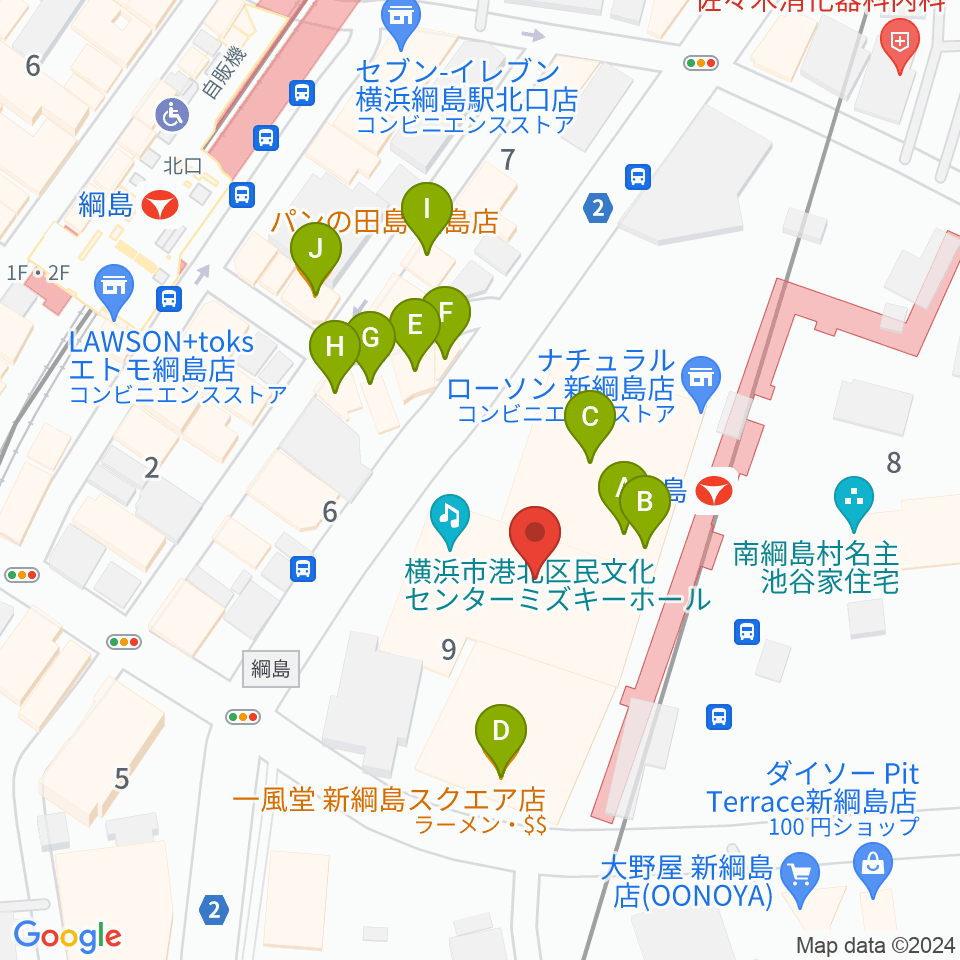 横浜市港北区民文化センター ミズキーホール周辺のファミレス・ファーストフード一覧地図