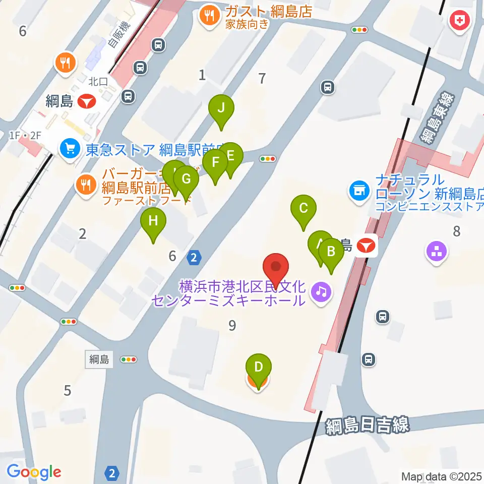 横浜市港北区民文化センター ミズキーホール周辺のファミレス・ファーストフード一覧地図