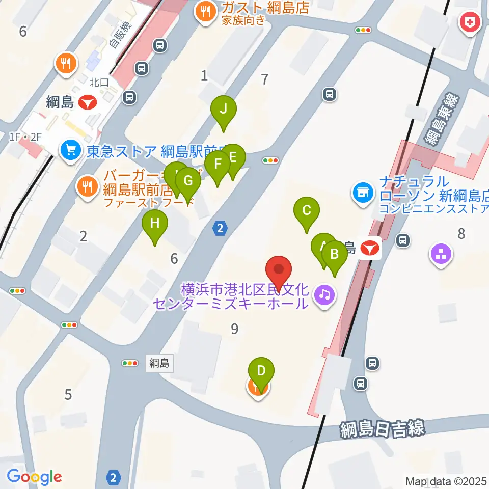 横浜市港北区民文化センター ミズキーホール周辺のファミレス・ファーストフード一覧地図