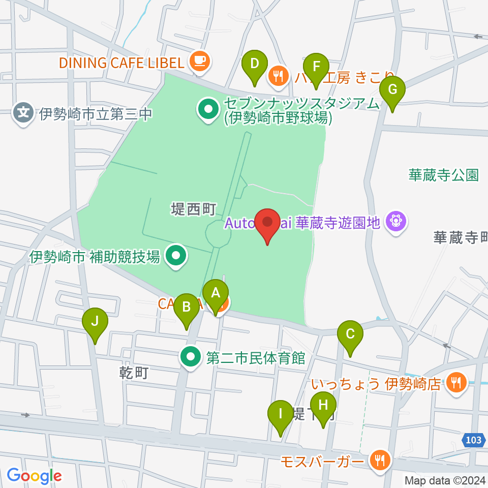 伊勢崎市陸上競技場周辺のファミレス・ファーストフード一覧地図