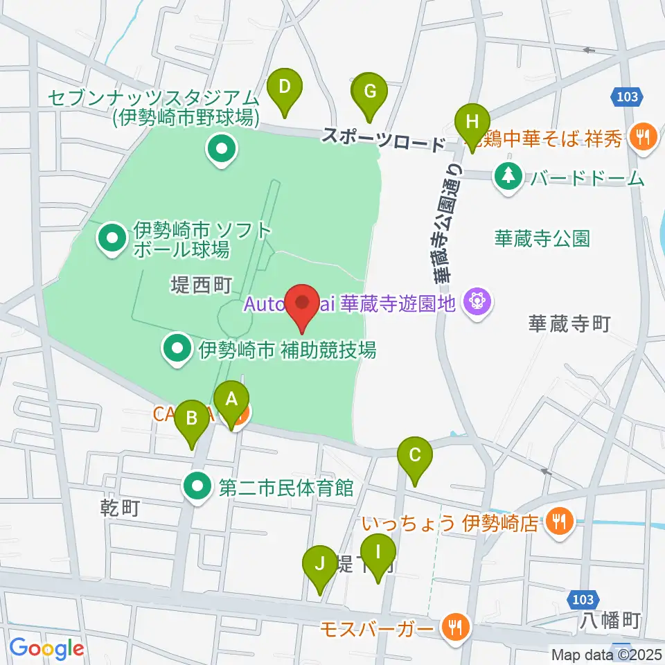 伊勢崎市陸上競技場周辺のファミレス・ファーストフード一覧地図