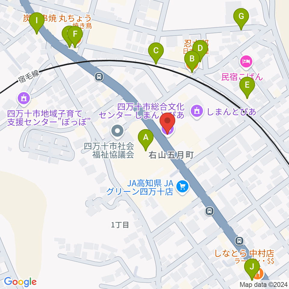 しまんとぴあ 四万十市総合文化センター周辺のファミレス・ファーストフード一覧地図