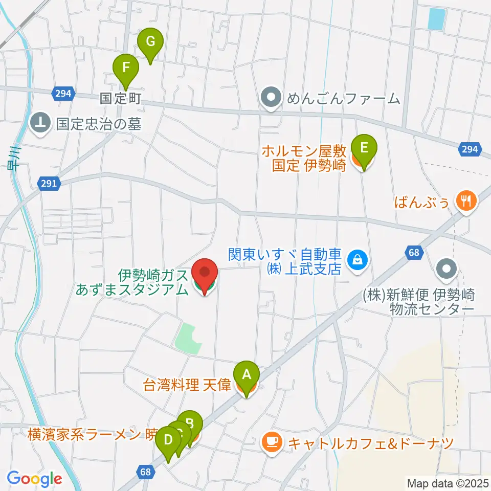 伊勢崎ガスあずまスタジアム周辺のファミレス・ファーストフード一覧地図