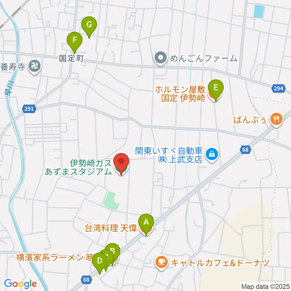 伊勢崎ガスあずまスタジアム周辺のファミレス・ファーストフード一覧地図