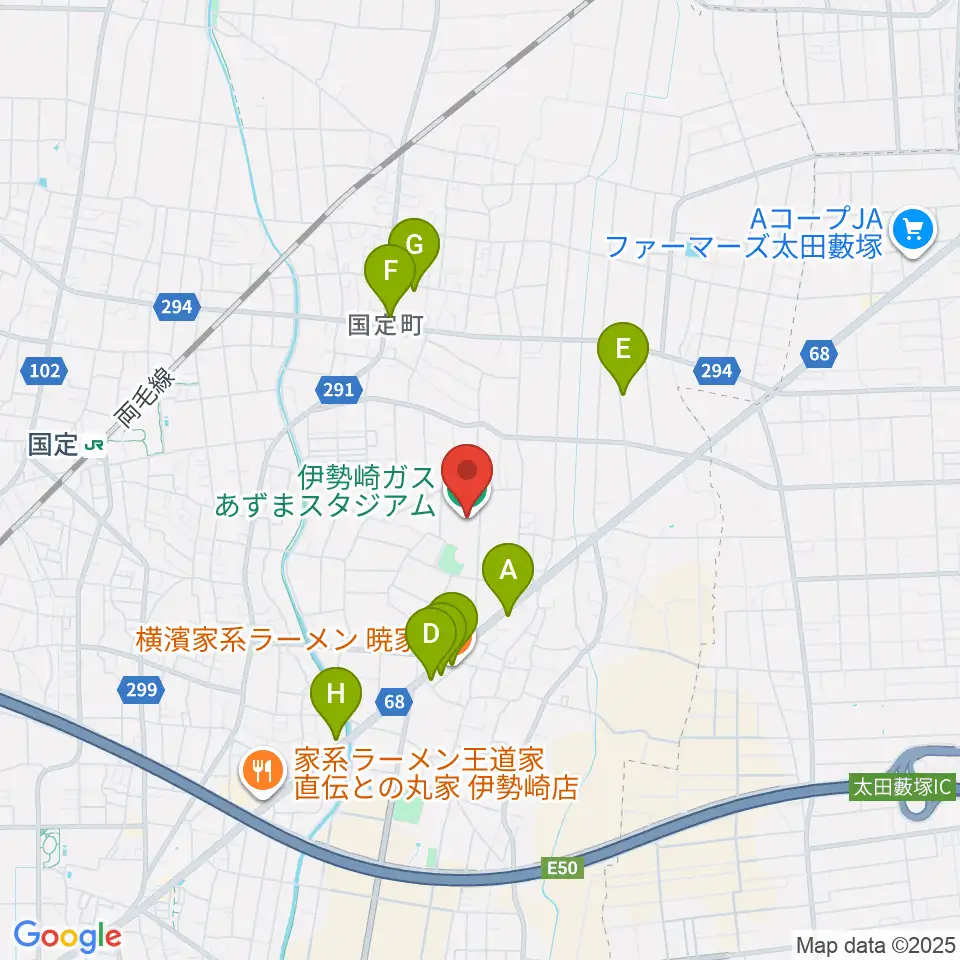 伊勢崎ガスあずまスタジアム周辺のファミレス・ファーストフード一覧地図