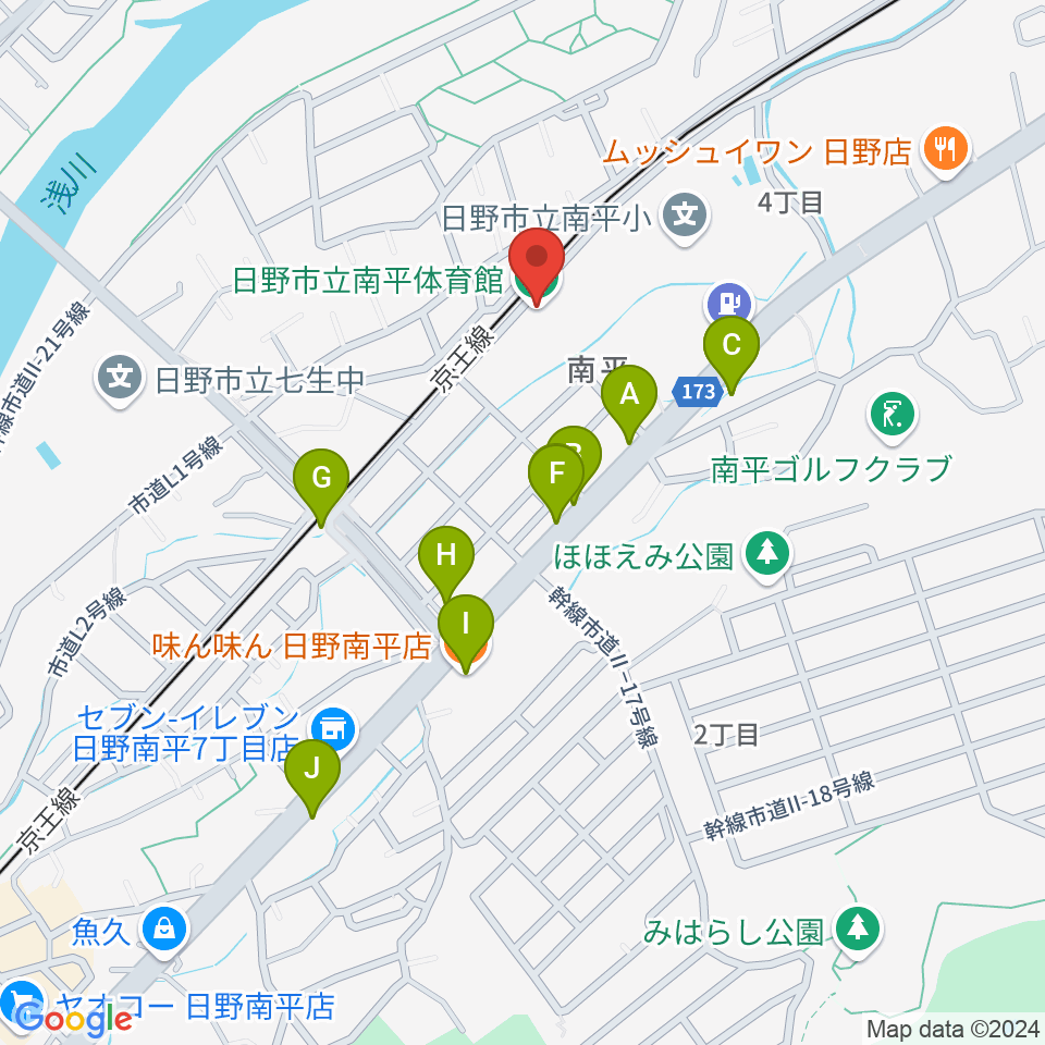 日野市立南平体育館周辺のファミレス・ファーストフード一覧地図