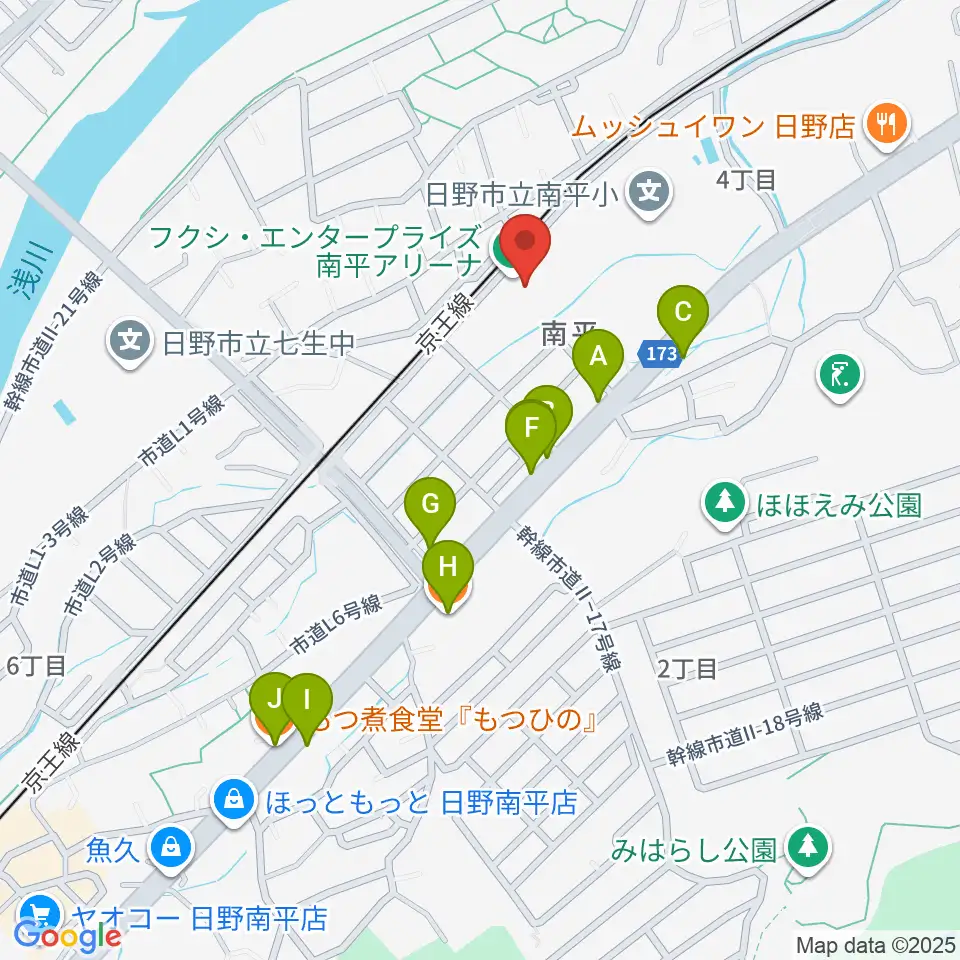 フクシ・エンタープライズ南平アリーナ周辺のファミレス・ファーストフード一覧地図