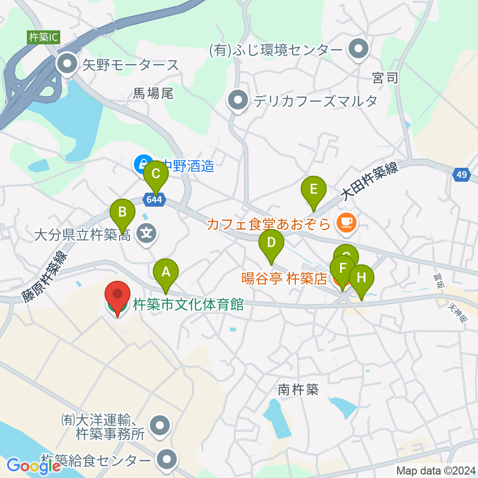 杵築市文化体育館周辺のファミレス・ファーストフード一覧地図