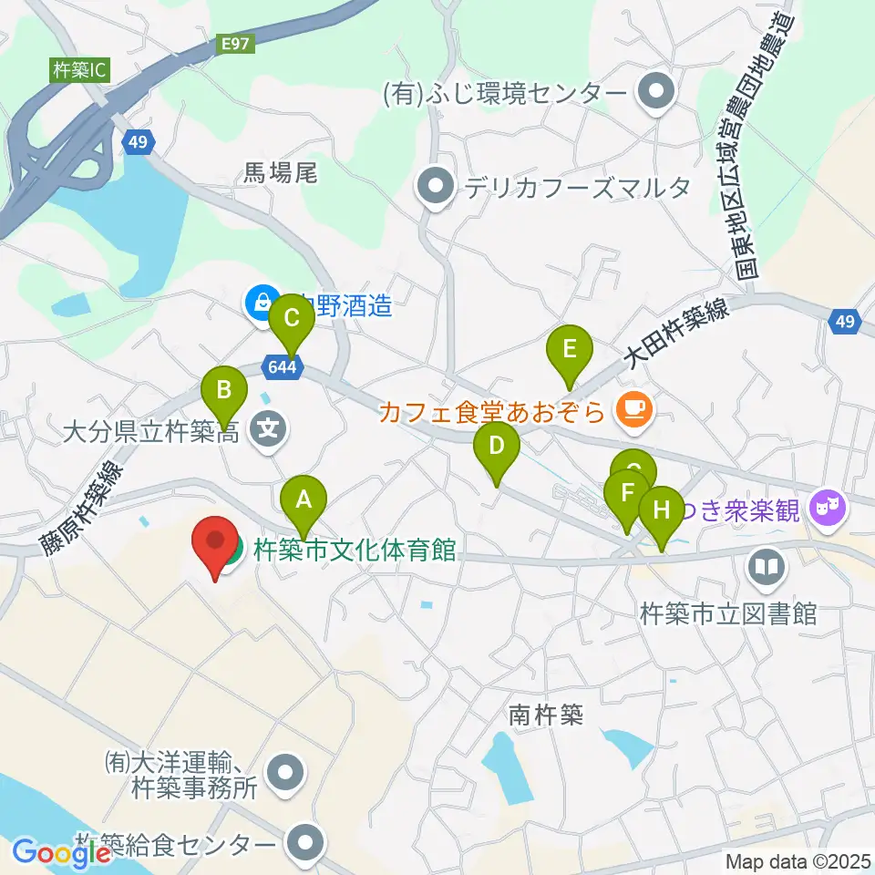 杵築市文化体育館周辺のファミレス・ファーストフード一覧地図