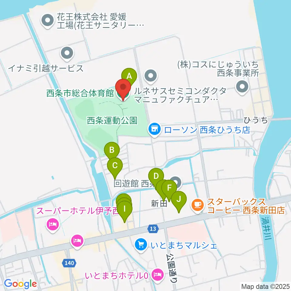 西条市総合体育館周辺のファミレス・ファーストフード一覧地図