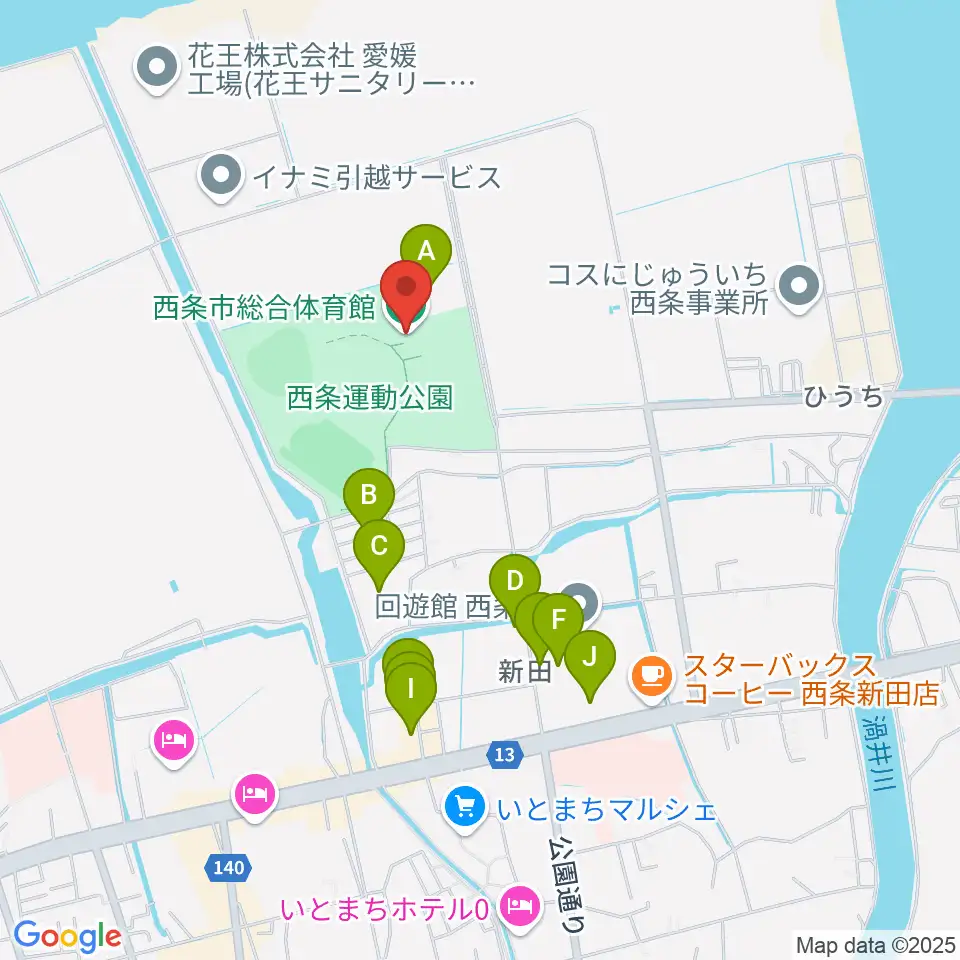 西条市総合体育館周辺のファミレス・ファーストフード一覧地図