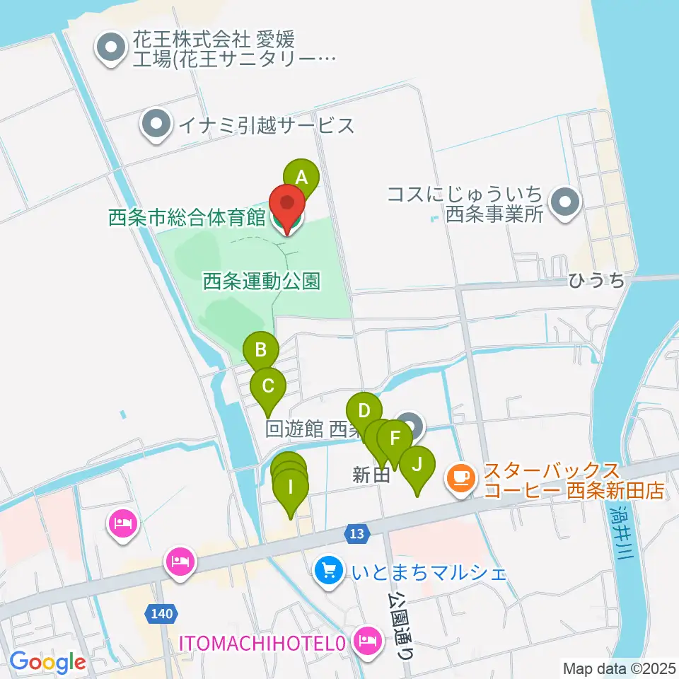 西条市総合体育館周辺のファミレス・ファーストフード一覧地図