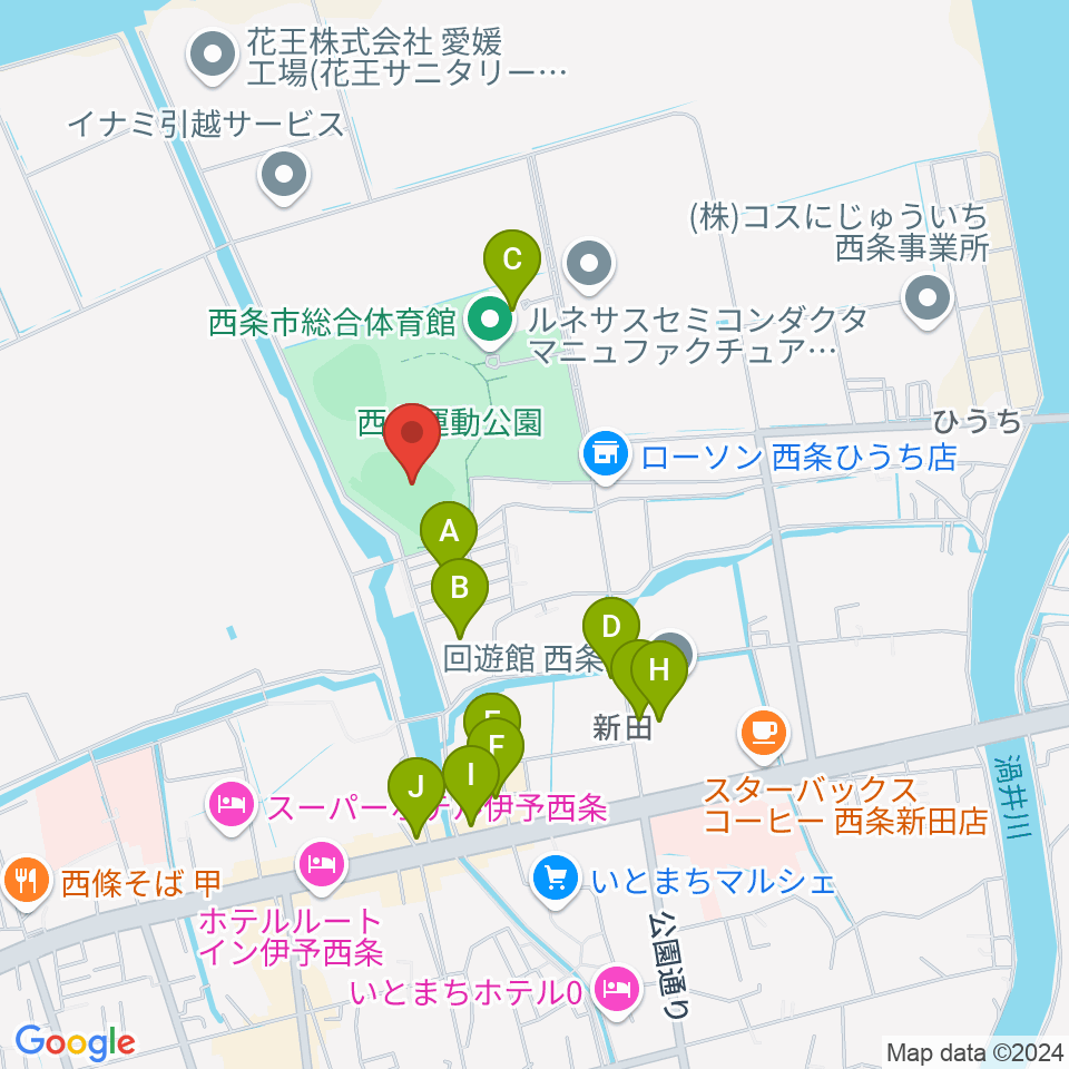  西条市ひうち陸上競技場周辺のファミレス・ファーストフード一覧地図