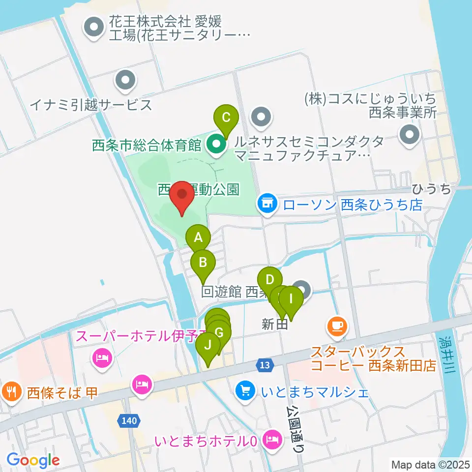  西条市ひうち陸上競技場周辺のファミレス・ファーストフード一覧地図