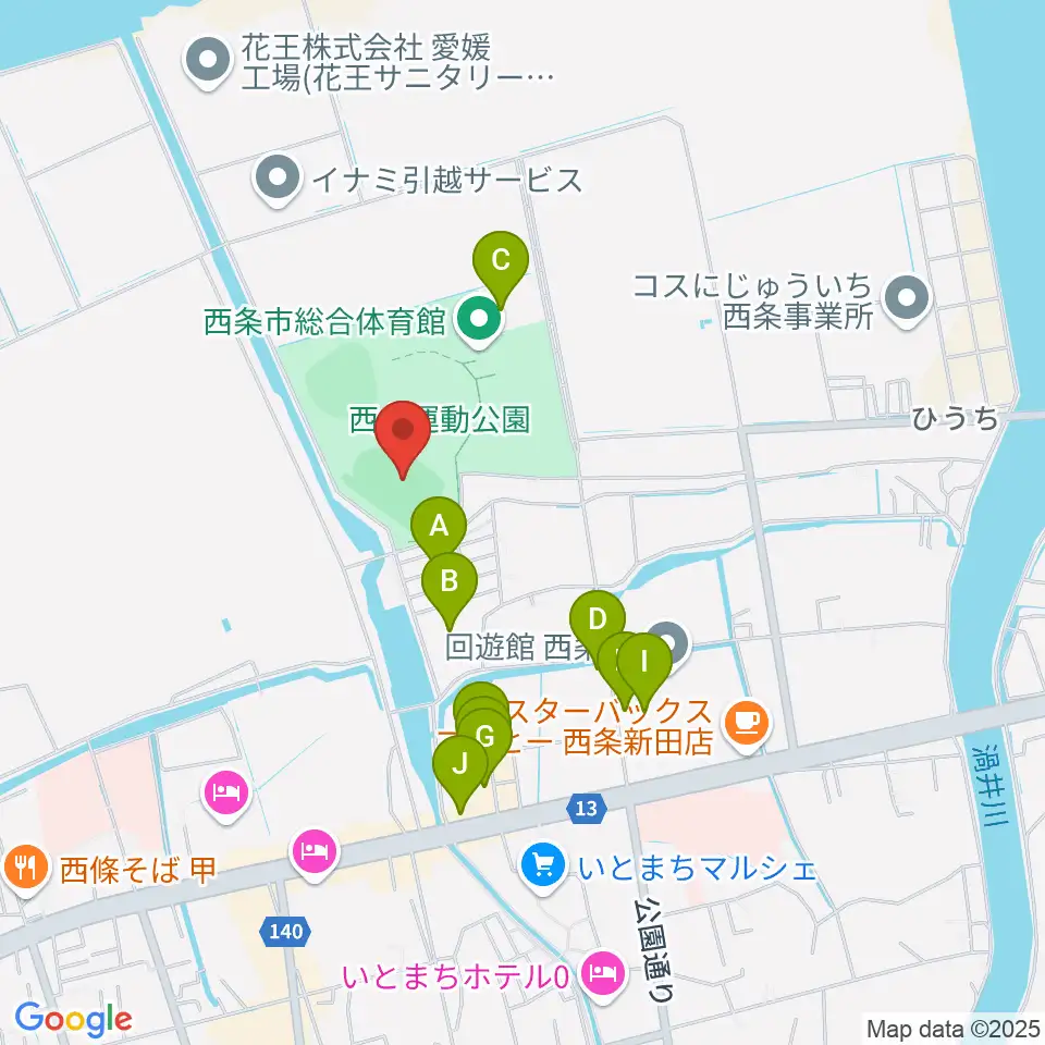 西条市ひうち陸上競技場周辺のファミレス・ファーストフード一覧地図