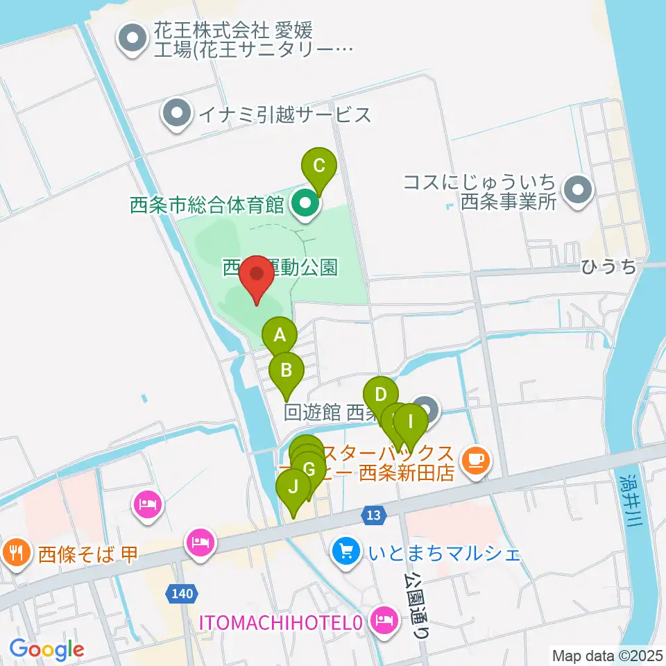  西条市ひうち陸上競技場周辺のファミレス・ファーストフード一覧地図