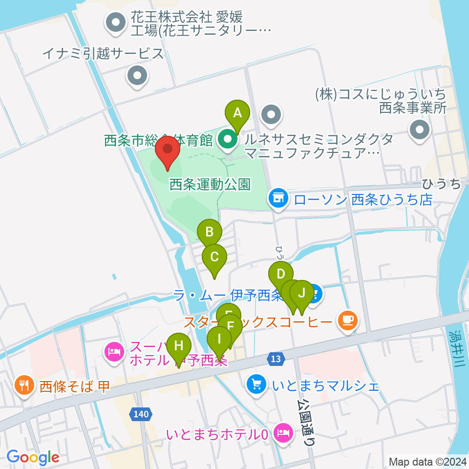 西条市ひうち球場周辺のファミレス・ファーストフード一覧地図