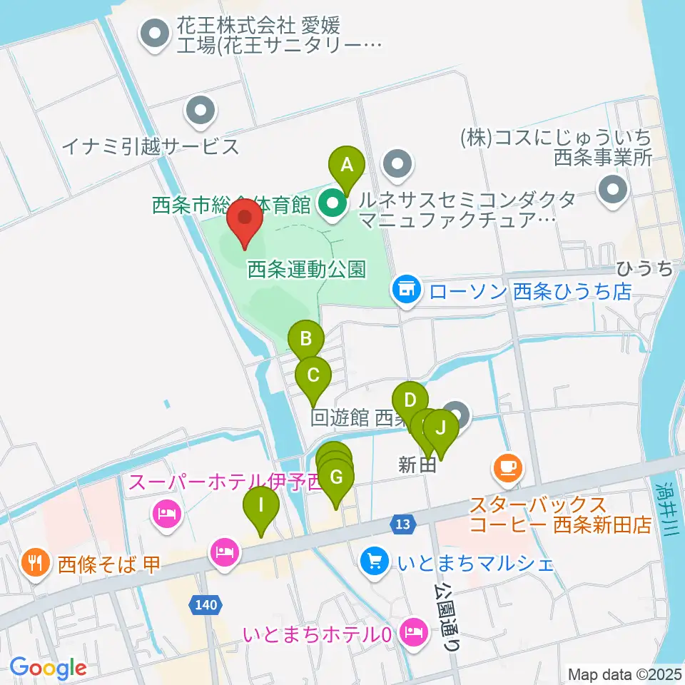 西条市ひうち球場周辺のファミレス・ファーストフード一覧地図