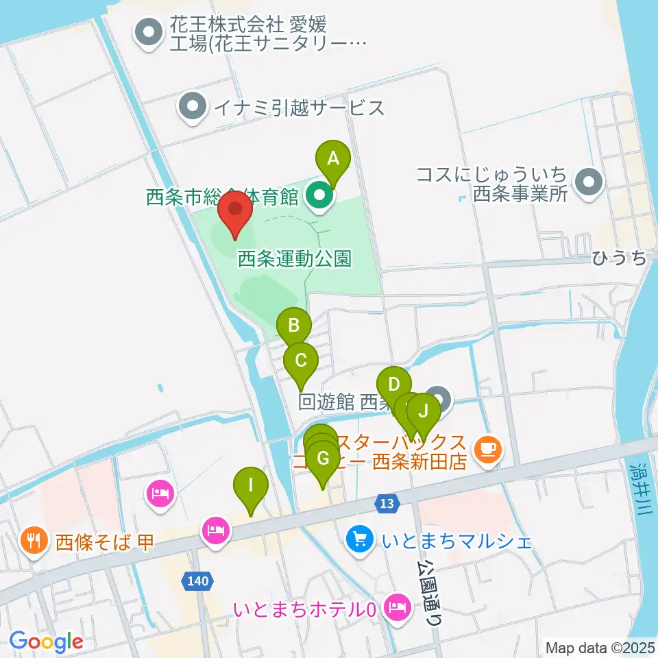 西条市ひうち球場周辺のファミレス・ファーストフード一覧地図