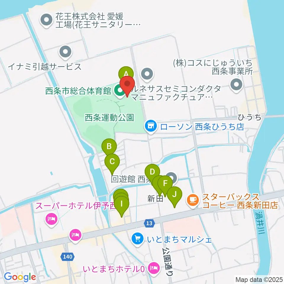 西条市ひうち体育館周辺のファミレス・ファーストフード一覧地図