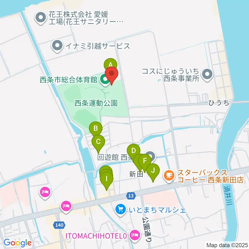 西条市ひうち体育館周辺のファミレス・ファーストフード一覧地図