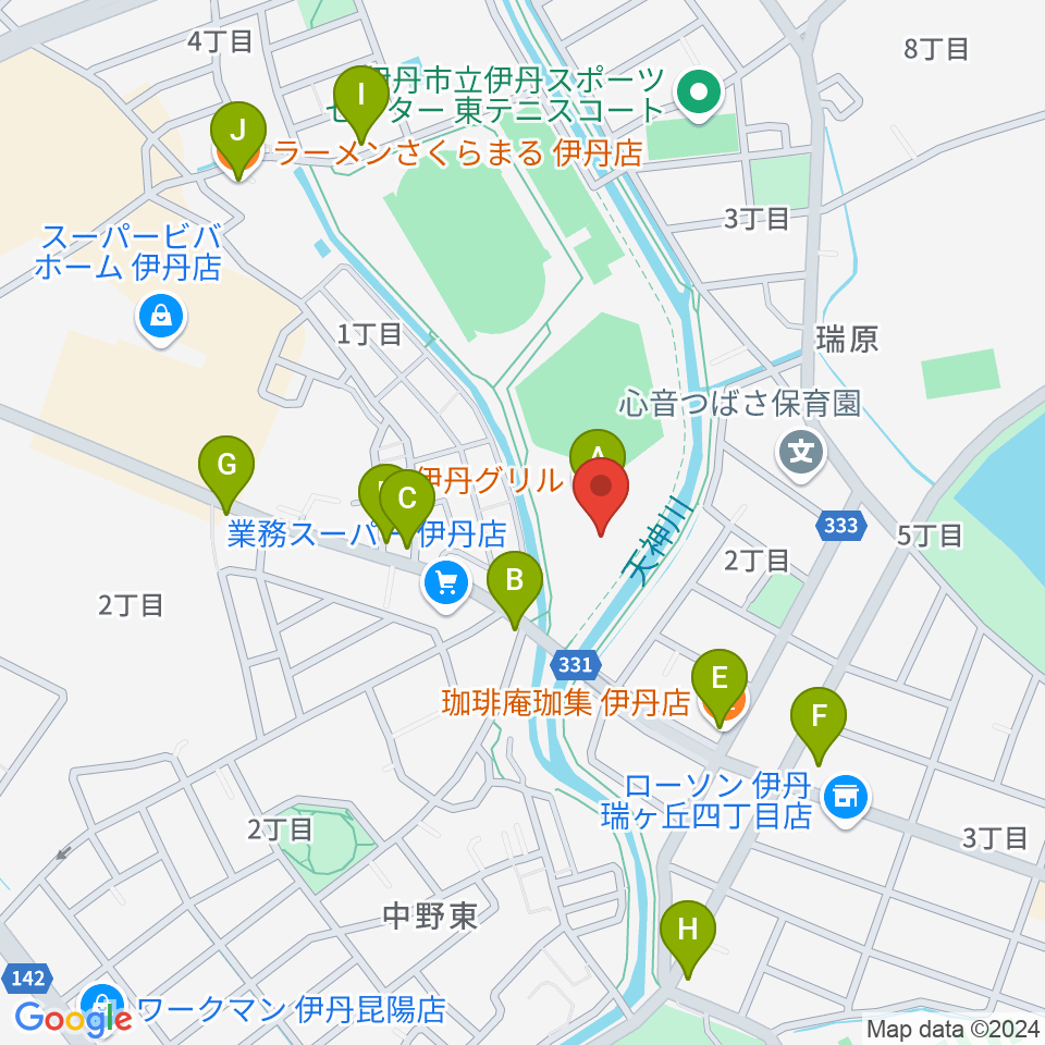 伊丹スポーツセンター体育館周辺のファミレス・ファーストフード一覧地図