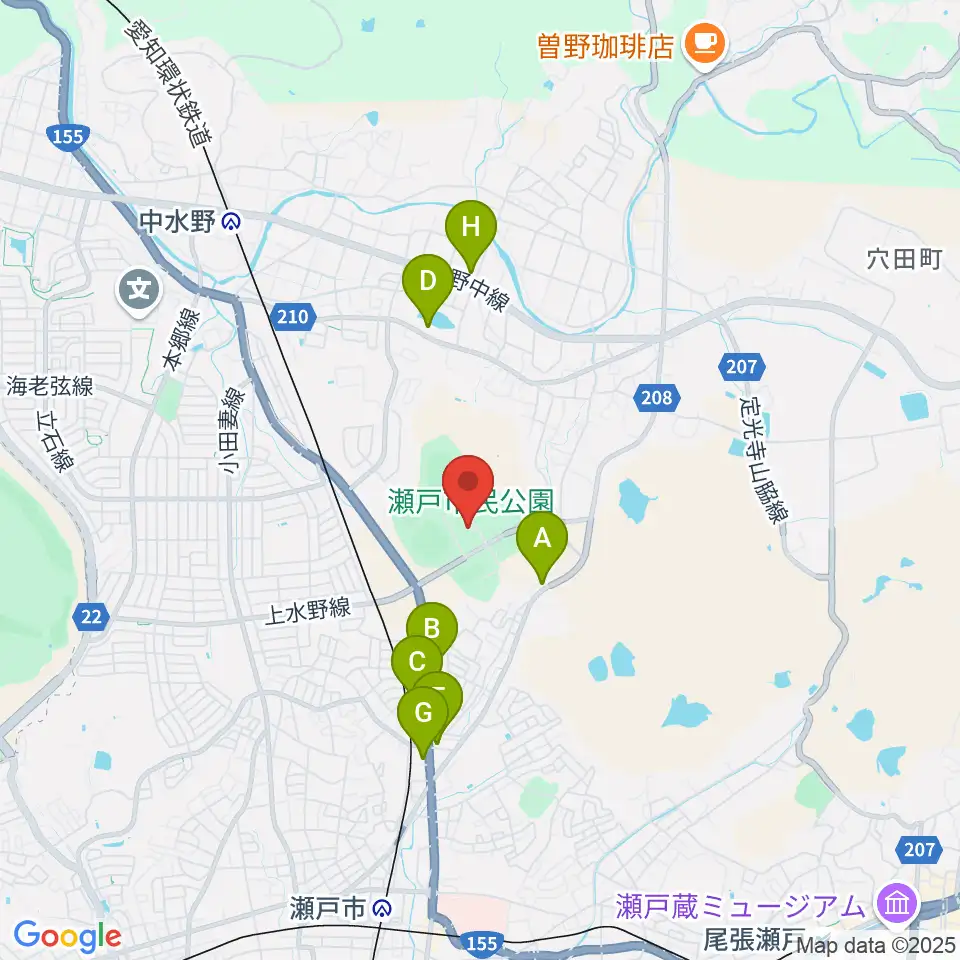 瀬戸市体育館・第二体育館周辺のファミレス・ファーストフード一覧地図