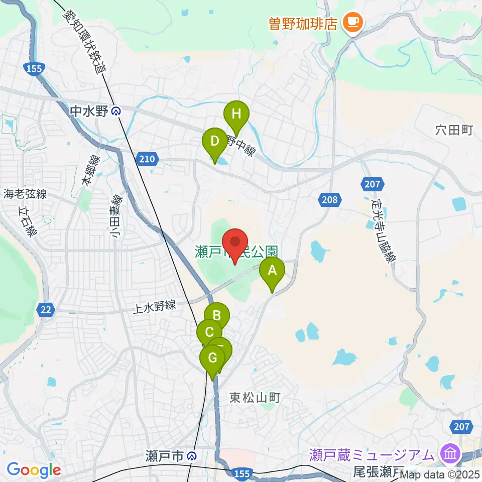 瀬戸市体育館・第二体育館周辺のファミレス・ファーストフード一覧地図