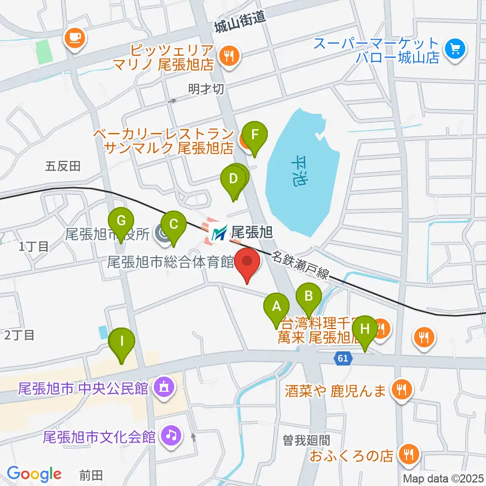 尾張旭市総合体育館周辺のファミレス・ファーストフード一覧地図