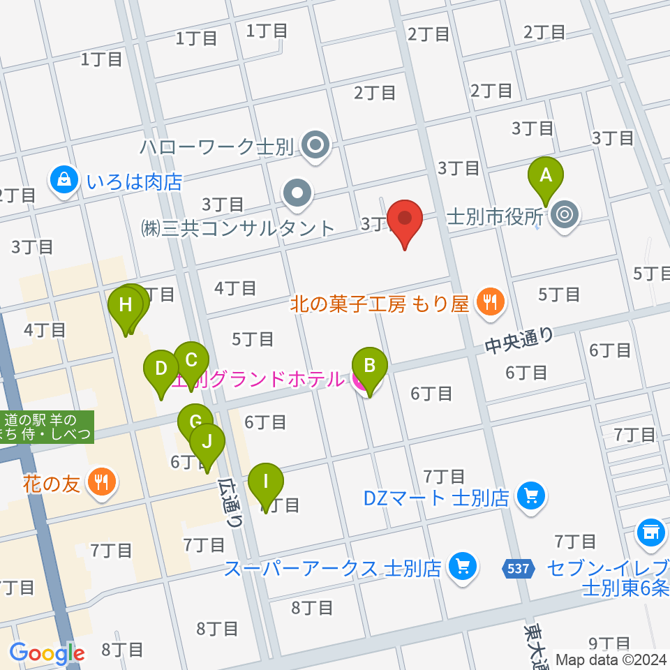 士別市総合体育館周辺のファミレス・ファーストフード一覧地図