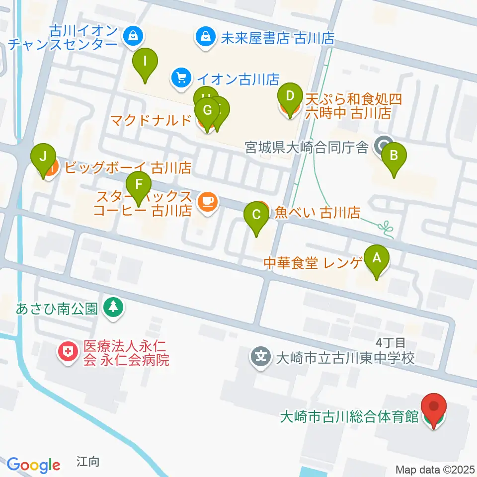 タカカツアリーナ大崎周辺のファミレス・ファーストフード一覧地図